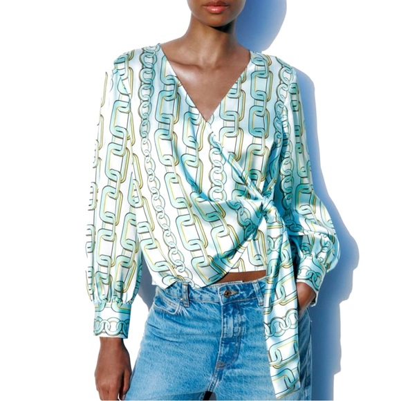 ZARA Chain Print Long Sleeve Sky Blue Top XS NWT - Picture 3 of 10